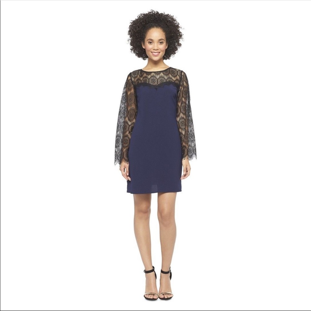 Navy Blue Dress  w/ Black Lace on Top and Sleeves